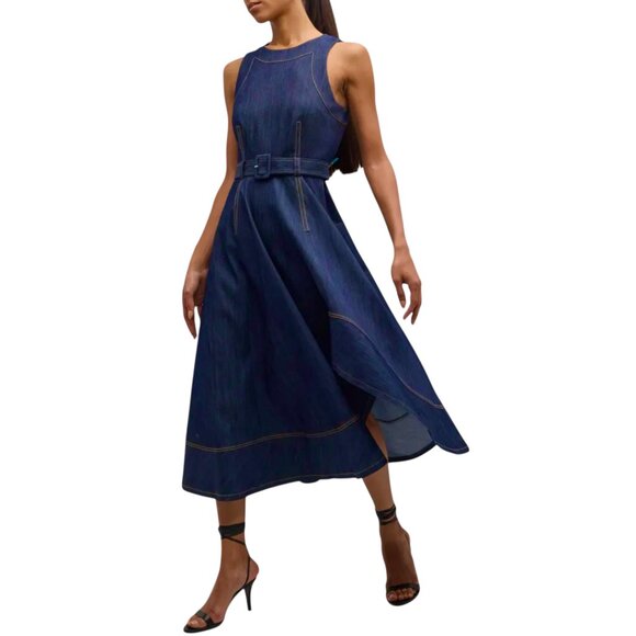Cinq a Sept Zelda Belted Asymmetric Sleeveless Denim Midi Dress Size M NEW - Picture 5 of 12
